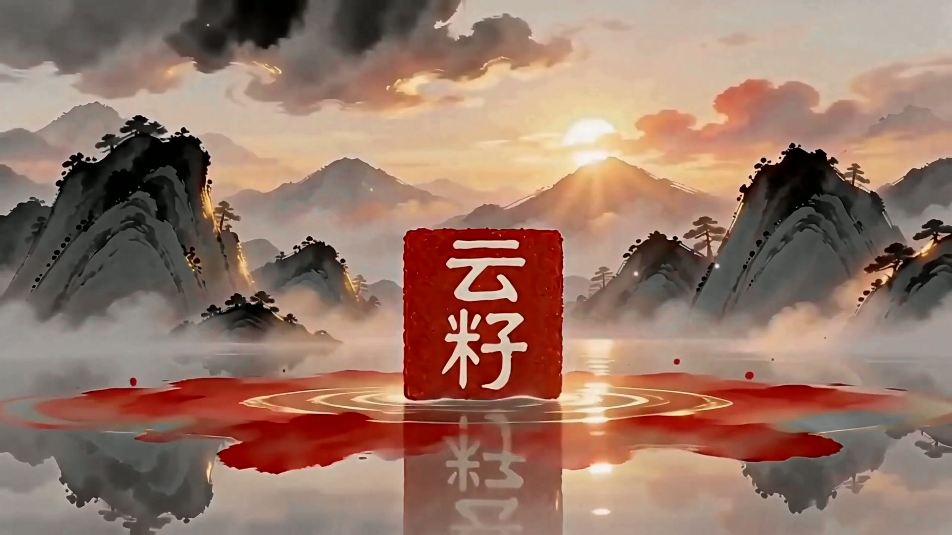 金色日落下云籽印章与朱砂涟漪的静态画面