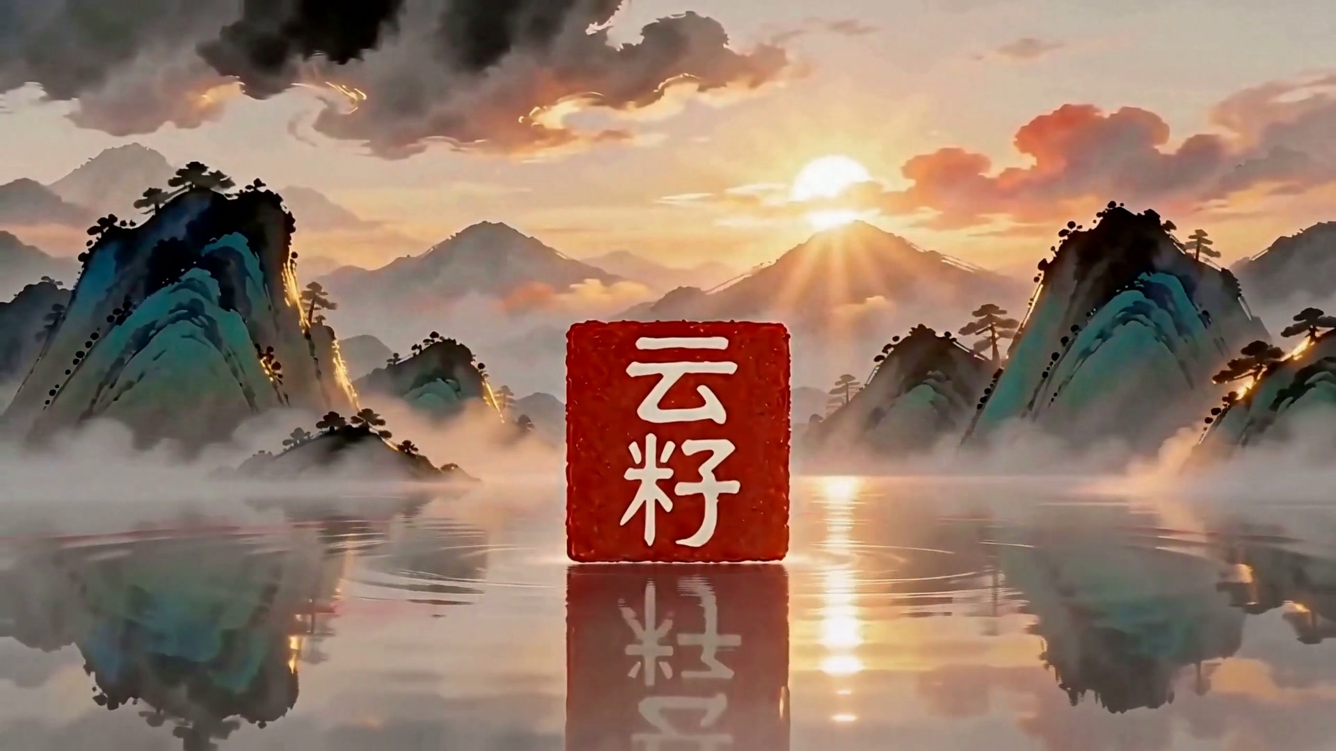 金色日出下的云籽印章与水面倒影